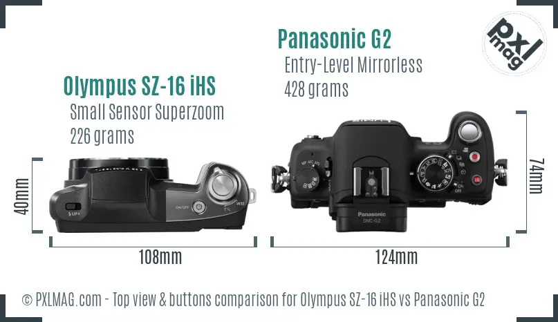 Olympus SZ-16 iHS vs Panasonic G2 top view buttons comparison