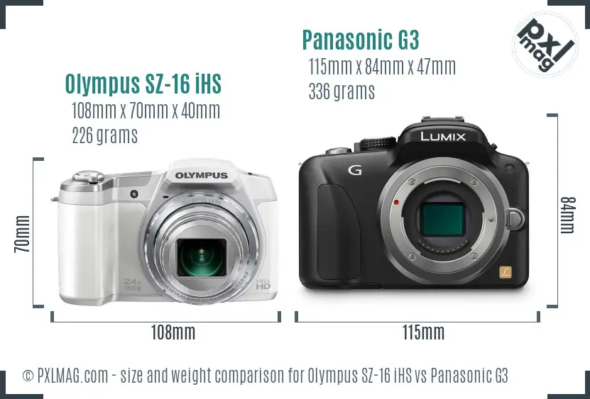 Olympus SZ-16 iHS vs Panasonic G3 size comparison