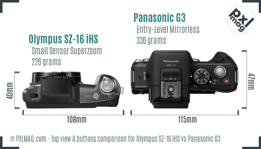 Olympus SZ-16 iHS vs Panasonic G3 top view buttons comparison