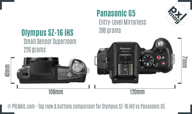 Olympus SZ-16 iHS vs Panasonic G5 top view buttons comparison Olympus SZ-16 iHS vs Panasonic G5 top view buttons comparison
