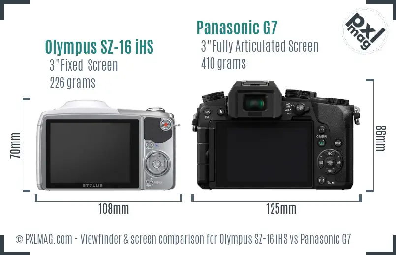 Olympus SZ-16 iHS vs Panasonic G7 Screen and Viewfinder comparison