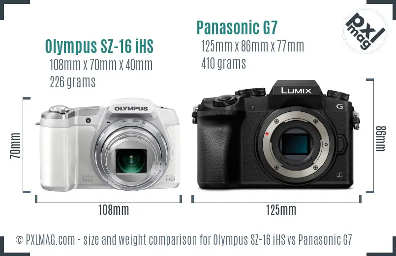 Olympus SZ-16 iHS vs Panasonic G7 size comparison