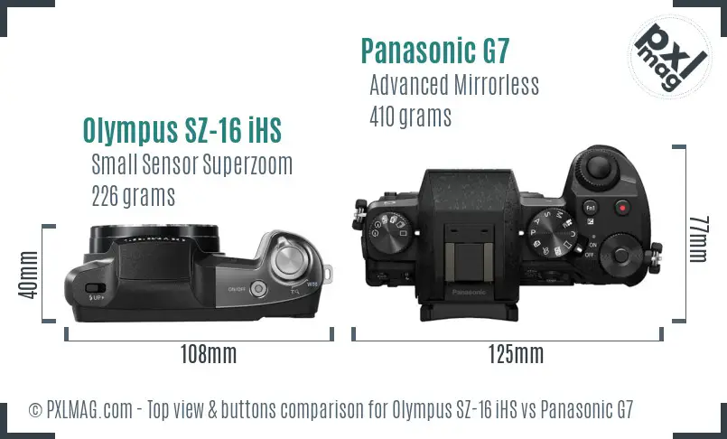 Olympus SZ-16 iHS vs Panasonic G7 top view buttons comparison