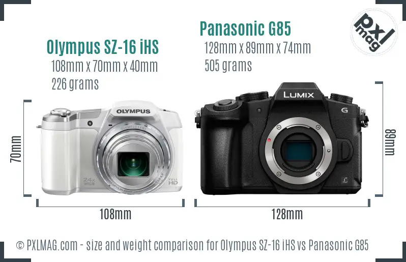 Olympus SZ-16 iHS vs Panasonic G85 size comparison