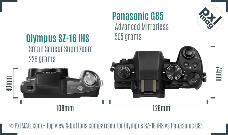 Olympus SZ-16 iHS vs Panasonic G85 top view buttons comparison