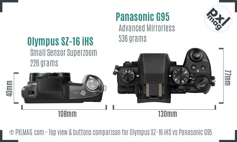 Olympus SZ-16 iHS vs Panasonic G95 top view buttons comparison