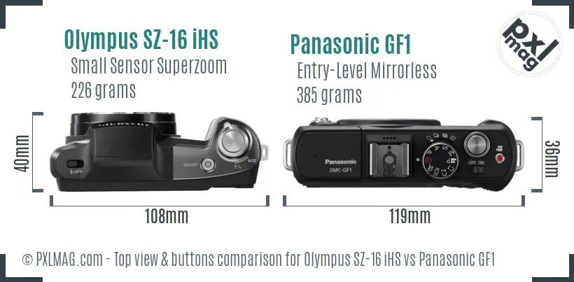 Olympus SZ-16 iHS vs Panasonic GF1 top view buttons comparison