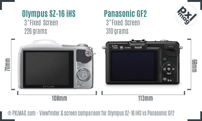 Olympus SZ-16 iHS vs Panasonic GF2 Screen and Viewfinder comparison