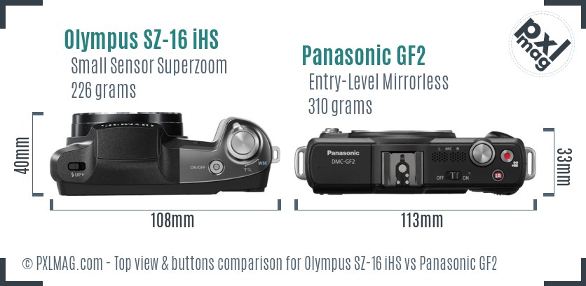 Olympus SZ-16 iHS vs Panasonic GF2 top view buttons comparison