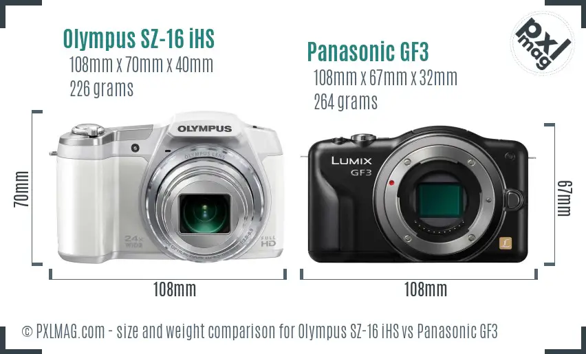 Olympus SZ-16 iHS vs Panasonic GF3 size comparison