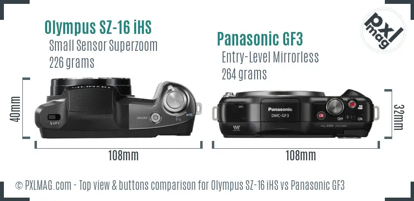 Olympus SZ-16 iHS vs Panasonic GF3 top view buttons comparison