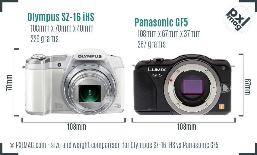 Olympus SZ-16 iHS vs Panasonic GF5 size comparison