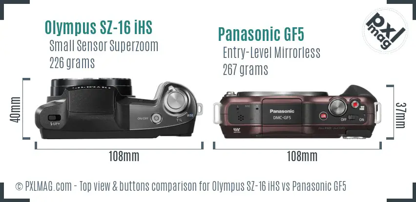 Olympus SZ-16 iHS vs Panasonic GF5 top view buttons comparison