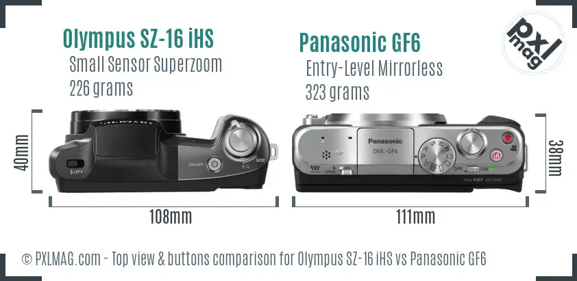 Olympus SZ-16 iHS vs Panasonic GF6 top view buttons comparison