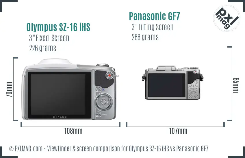 Olympus SZ-16 iHS vs Panasonic GF7 Screen and Viewfinder comparison