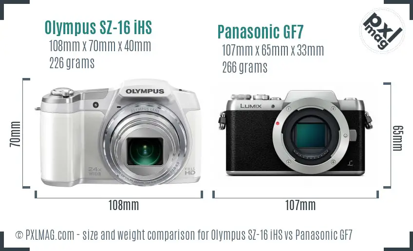 Olympus SZ-16 iHS vs Panasonic GF7 size comparison