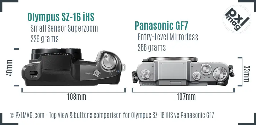 Olympus SZ-16 iHS vs Panasonic GF7 top view buttons comparison