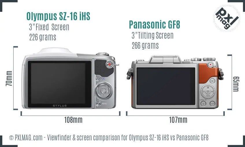 Olympus SZ-16 iHS vs Panasonic GF8 Screen and Viewfinder comparison