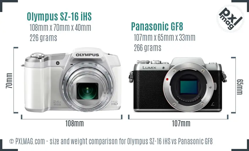 Olympus SZ-16 iHS vs Panasonic GF8 size comparison