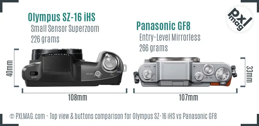 Olympus SZ-16 iHS vs Panasonic GF8 top view buttons comparison