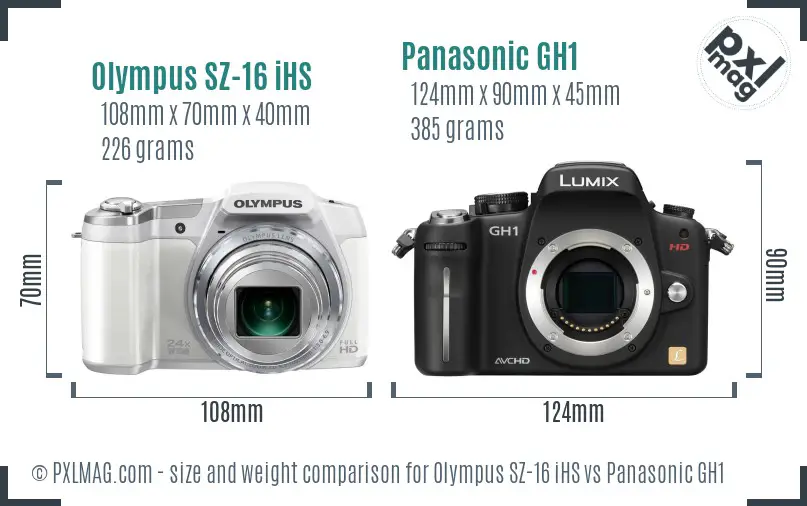 Olympus SZ-16 iHS vs Panasonic GH1 size comparison