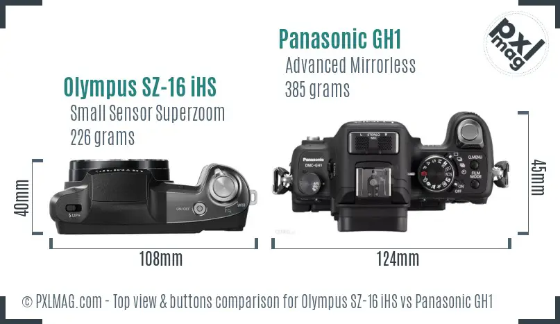 Olympus SZ-16 iHS vs Panasonic GH1 top view buttons comparison