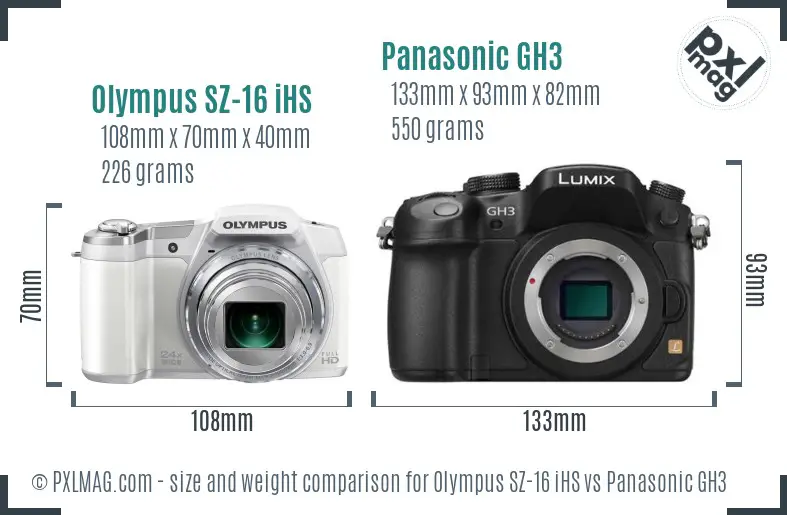 Olympus SZ-16 iHS vs Panasonic GH3 size comparison