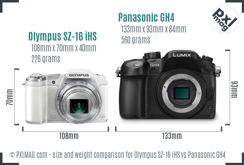 Olympus SZ-16 iHS vs Panasonic GH4 size comparison