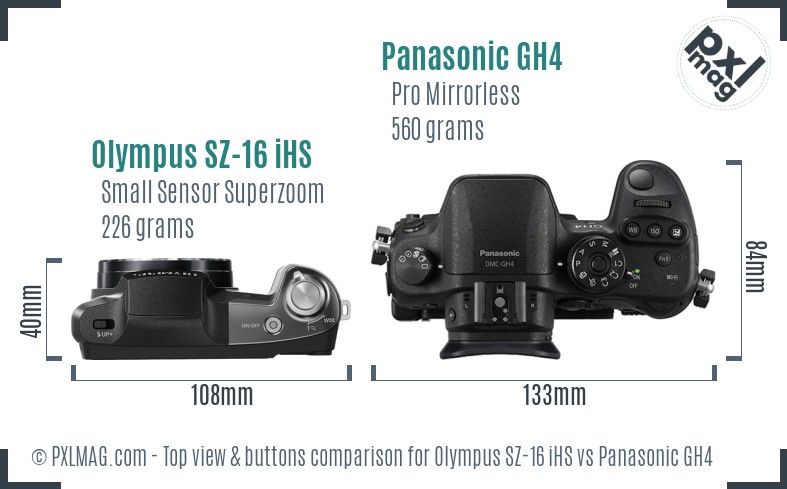 Olympus SZ-16 iHS vs Panasonic GH4 top view buttons comparison