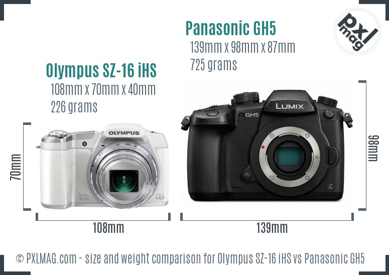 Olympus SZ-16 iHS vs Panasonic GH5 size comparison Olympus SZ-16 iHS vs Panasonic GH5 size comparison