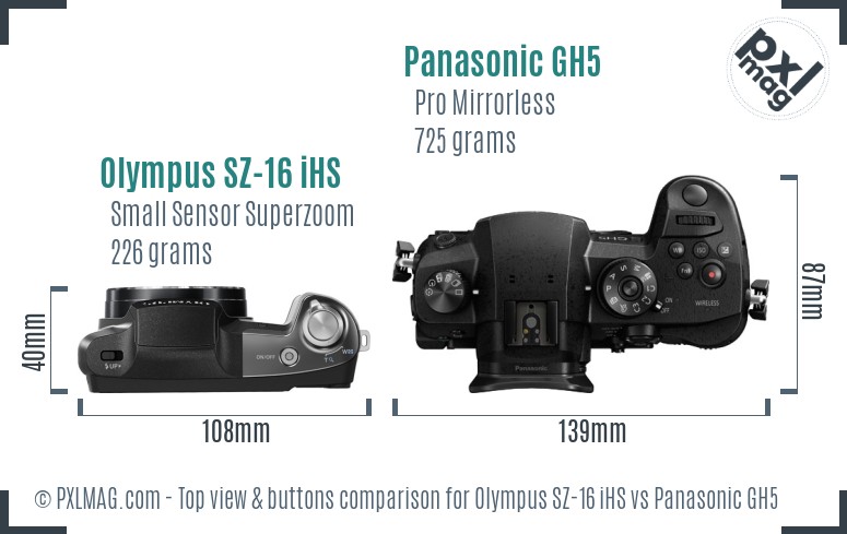 Olympus SZ-16 iHS vs Panasonic GH5 top view buttons comparison