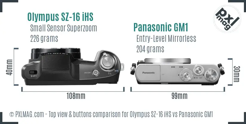 Olympus SZ-16 iHS vs Panasonic GM1 top view buttons comparison