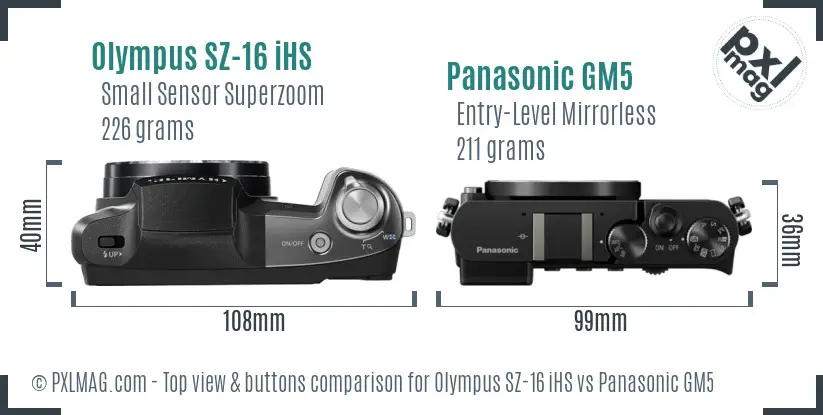 Olympus SZ-16 iHS vs Panasonic GM5 top view buttons comparison