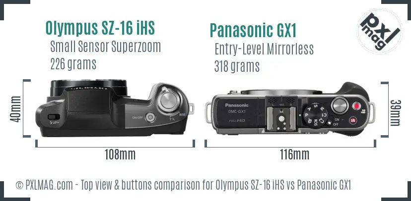 Olympus SZ-16 iHS vs Panasonic GX1 top view buttons comparison