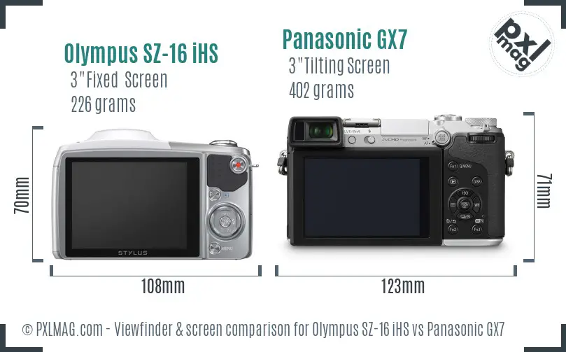 Olympus SZ-16 iHS vs Panasonic GX7 Screen and Viewfinder comparison