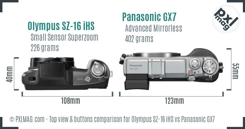 Olympus SZ-16 iHS vs Panasonic GX7 top view buttons comparison