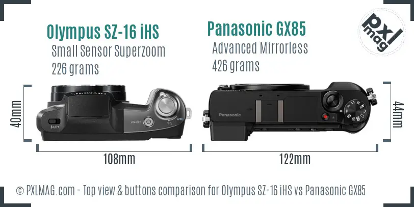 Olympus SZ-16 iHS vs Panasonic GX85 top view buttons comparison