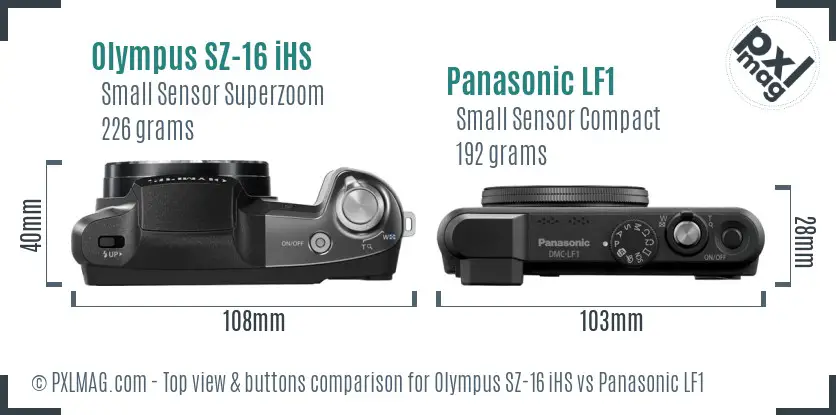 Olympus SZ-16 iHS vs Panasonic LF1 top view buttons comparison