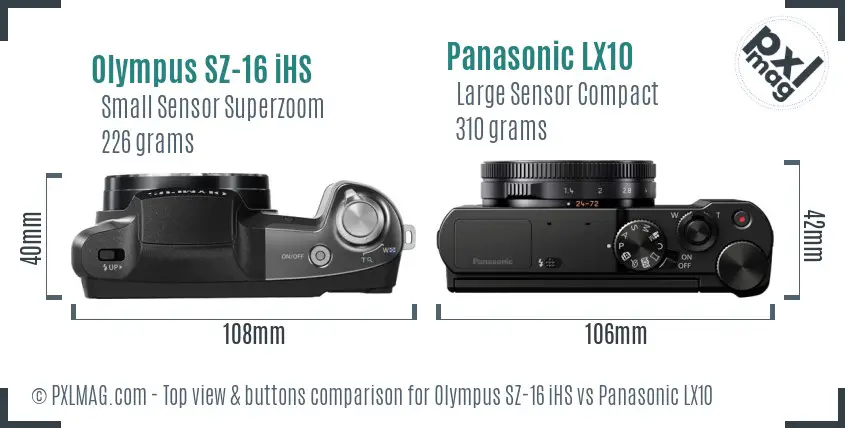 Olympus SZ-16 iHS vs Panasonic LX10 top view buttons comparison