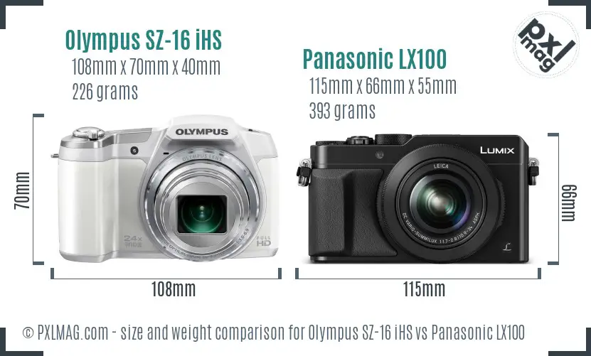 Olympus SZ-16 iHS vs Panasonic LX100 size comparison