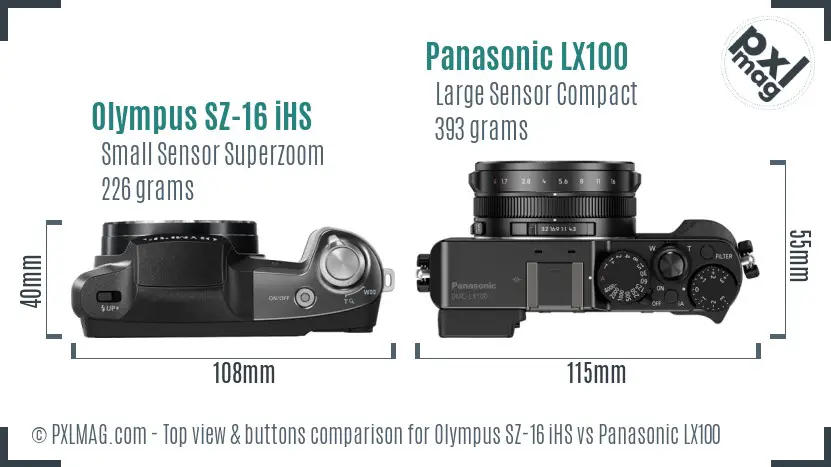 Olympus SZ-16 iHS vs Panasonic LX100 top view buttons comparison