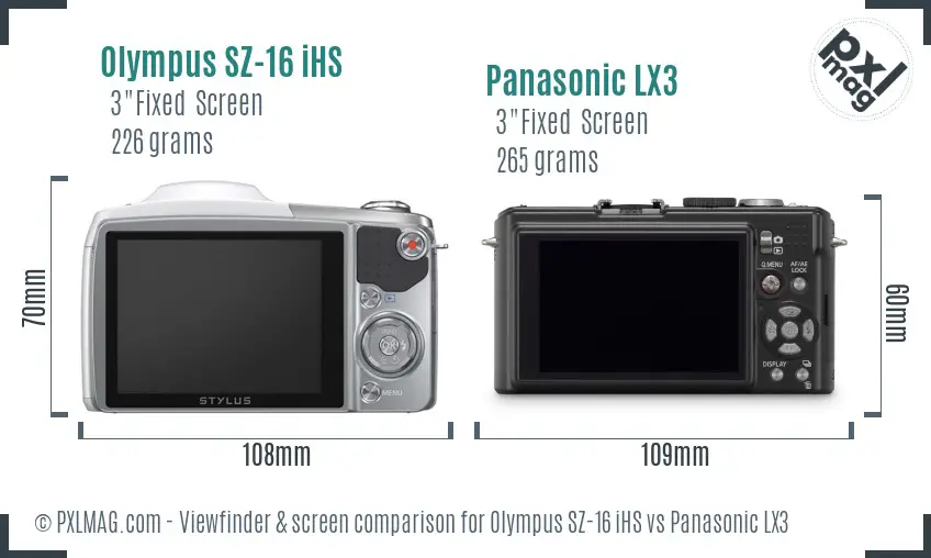 Olympus SZ-16 iHS vs Panasonic LX3 Screen and Viewfinder comparison