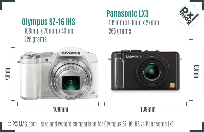 Olympus SZ-16 iHS vs Panasonic LX3 size comparison