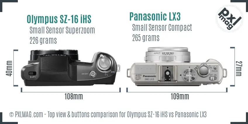 Olympus SZ-16 iHS vs Panasonic LX3 top view buttons comparison