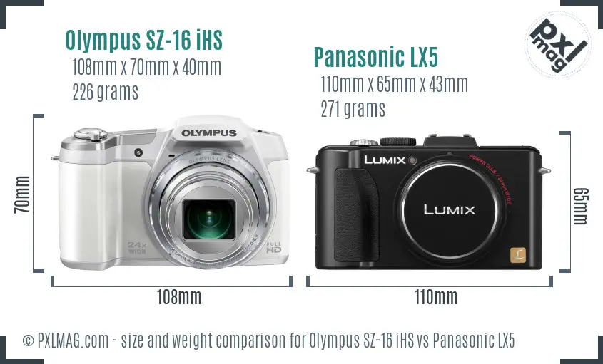 Olympus SZ-16 iHS vs Panasonic LX5 size comparison