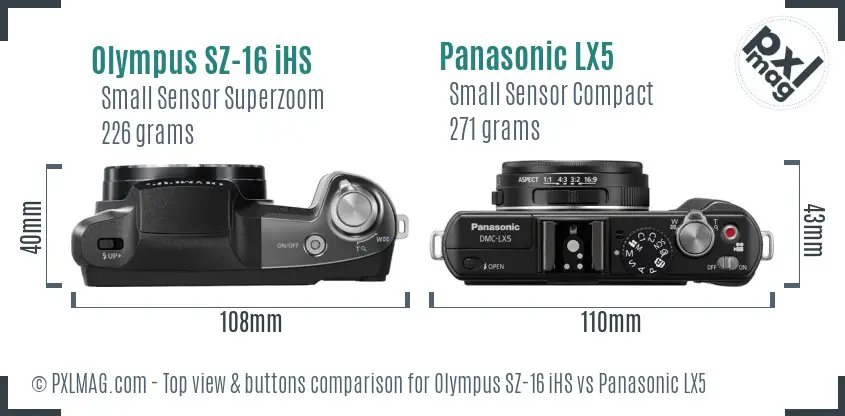 Olympus SZ-16 iHS vs Panasonic LX5 top view buttons comparison