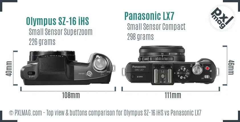 Olympus SZ-16 iHS vs Panasonic LX7 top view buttons comparison