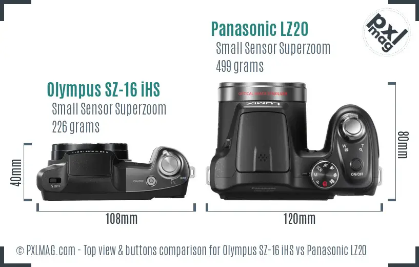Olympus SZ-16 iHS vs Panasonic LZ20 top view buttons comparison