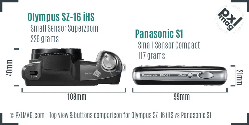 Olympus SZ-16 iHS vs Panasonic S1 top view buttons comparison