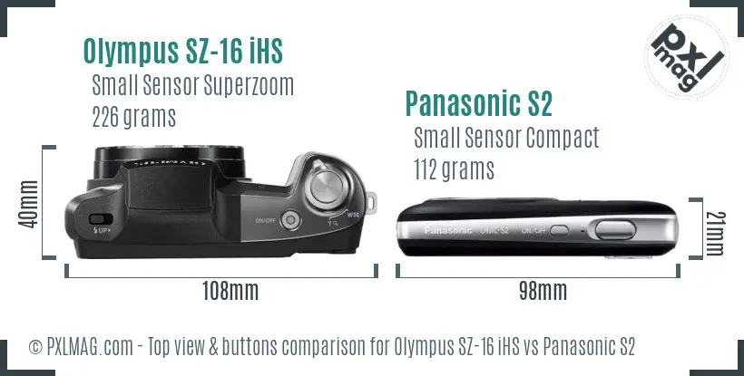 Olympus SZ-16 iHS vs Panasonic S2 top view buttons comparison